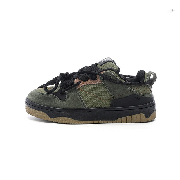 Retro heavy industry casual sneaker for women with flat heel, mesh lining, green color, and TPR sole.