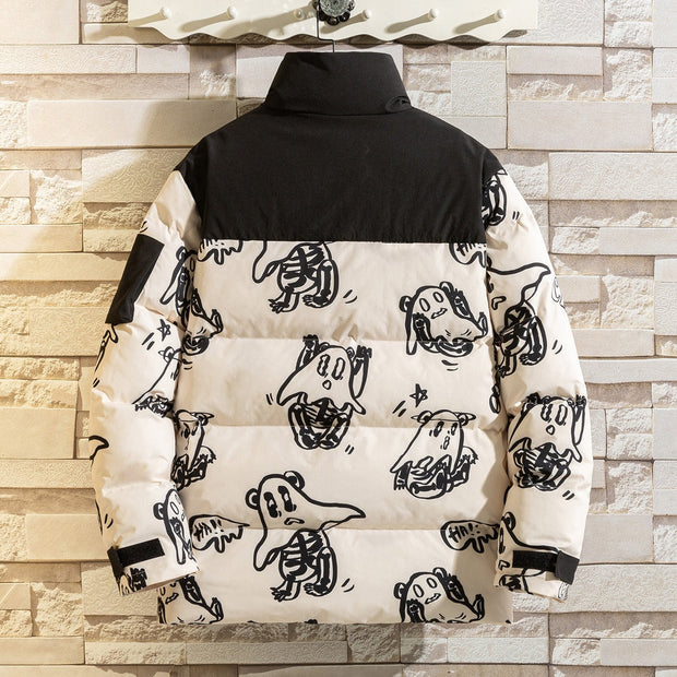 Korean style loose winter bread jacket for men with cartoon design on brick wall background.