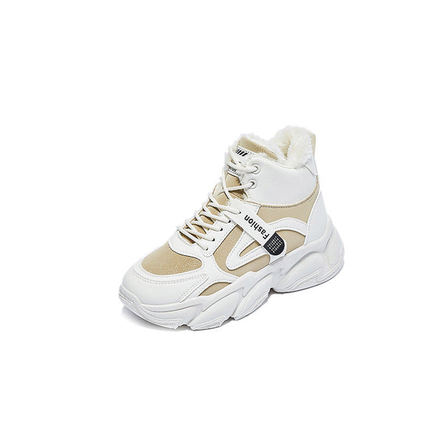 Women's fleece-lined clunky high top sneaker in beige with front lace-up.