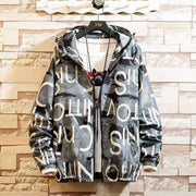 Men's casual streetwear hooded coat with bold printing, polyester fabric.