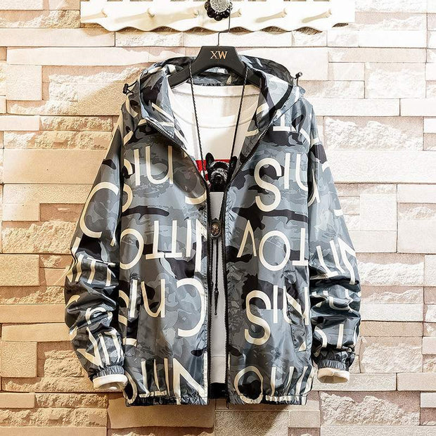 Men's casual streetwear hooded coat with bold printing, polyester fabric.