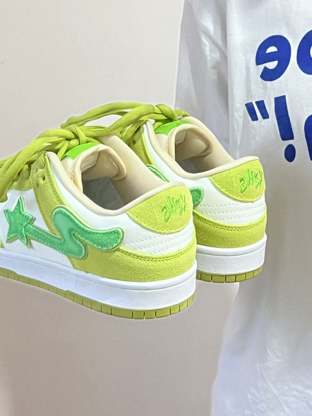 Apple green retro casual sneakers with lace-up design and flat rubber sole.