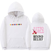 Hip-hop streetwear hoodie with colorful print, lapel collar, long sleeves, and fleece lining.