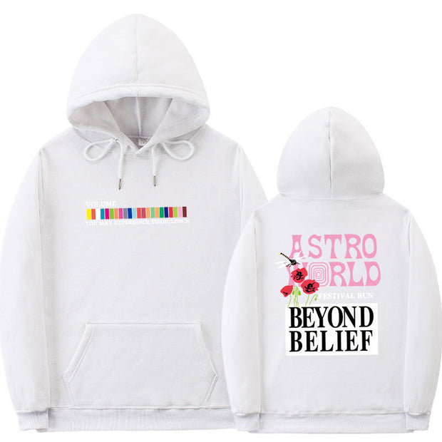 Hip-hop streetwear hoodie with colorful print, lapel collar, long sleeves, and fleece lining.