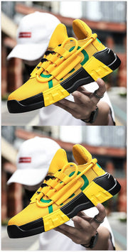 Platform sneakers with front strap, breathable mesh inner, MD sole, and flying line upper material in vibrant yellow and black design.