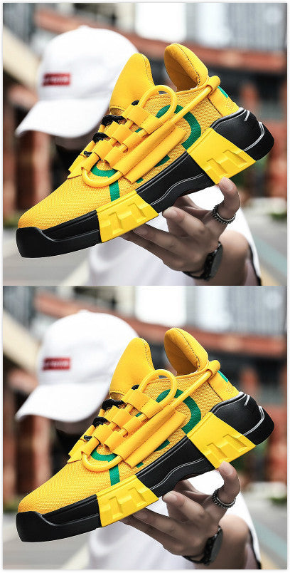 Platform sneakers with front strap, breathable mesh inner, MD sole, and flying line upper material in vibrant yellow and black design.