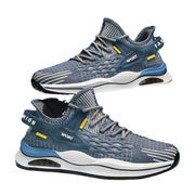 Men's blue low-top sneakers with flyknit upper, front lace-up, breathable design.