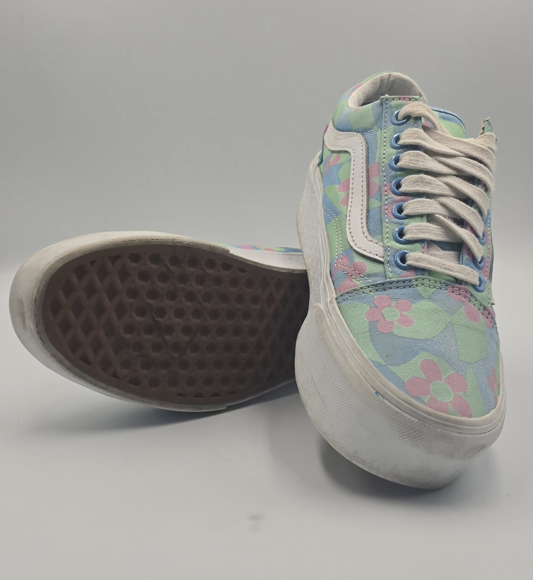 Vans Old Skool Stacked Checkerboard Floral Blue Platform Women&
