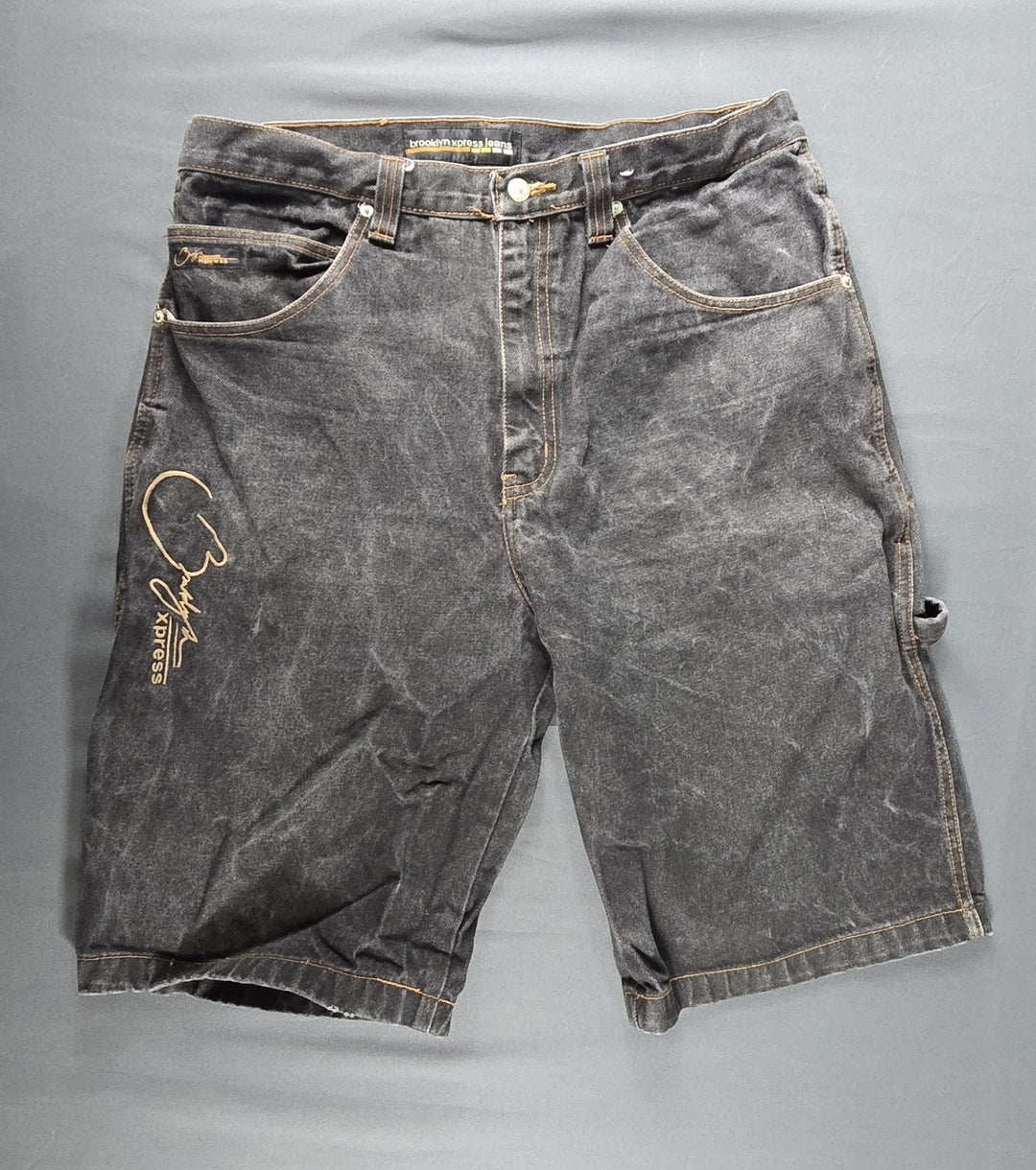 VTG Brooklyn Express Shorts Men 36 Fade Black Dark Wash Baggy Wide Leg Jorts Y2K