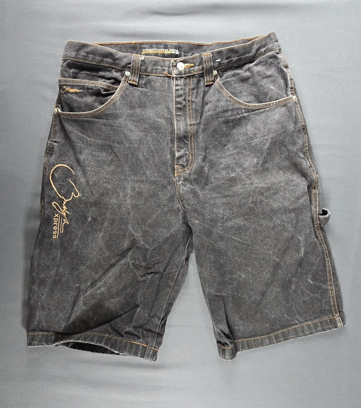 VTG Brooklyn Express Shorts Men 36 Fade Black Dark Wash Baggy Wide Leg Jorts Y2K