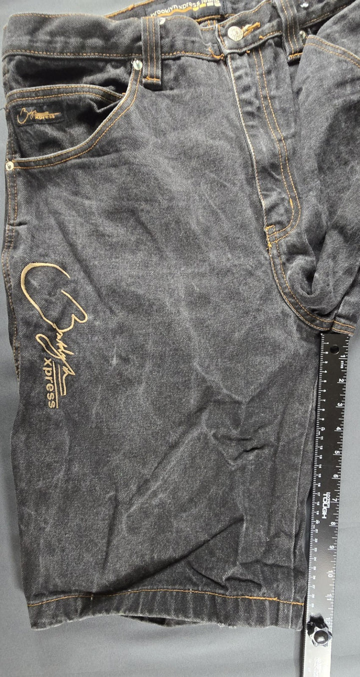 VTG Brooklyn Express Shorts Men 36 Fade Black Dark Wash Baggy Wide Leg Jorts Y2K