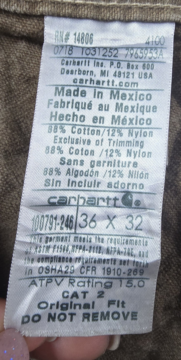Carhartt FR Jeans Mens 36x32 Beige Original Fit Straight Leg Carpenter Workwear