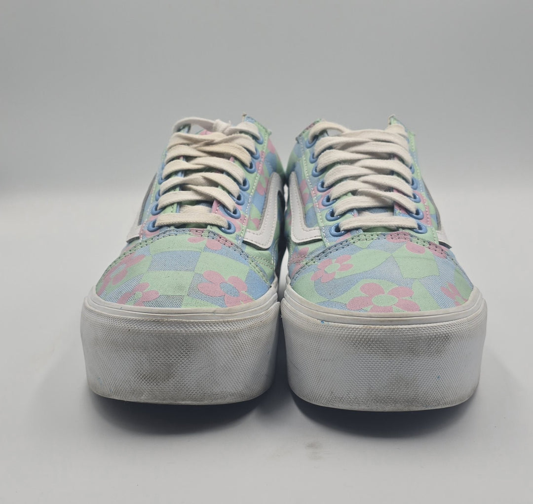 Vans Old Skool Stacked Checkerboard Floral Blue Platform Women&