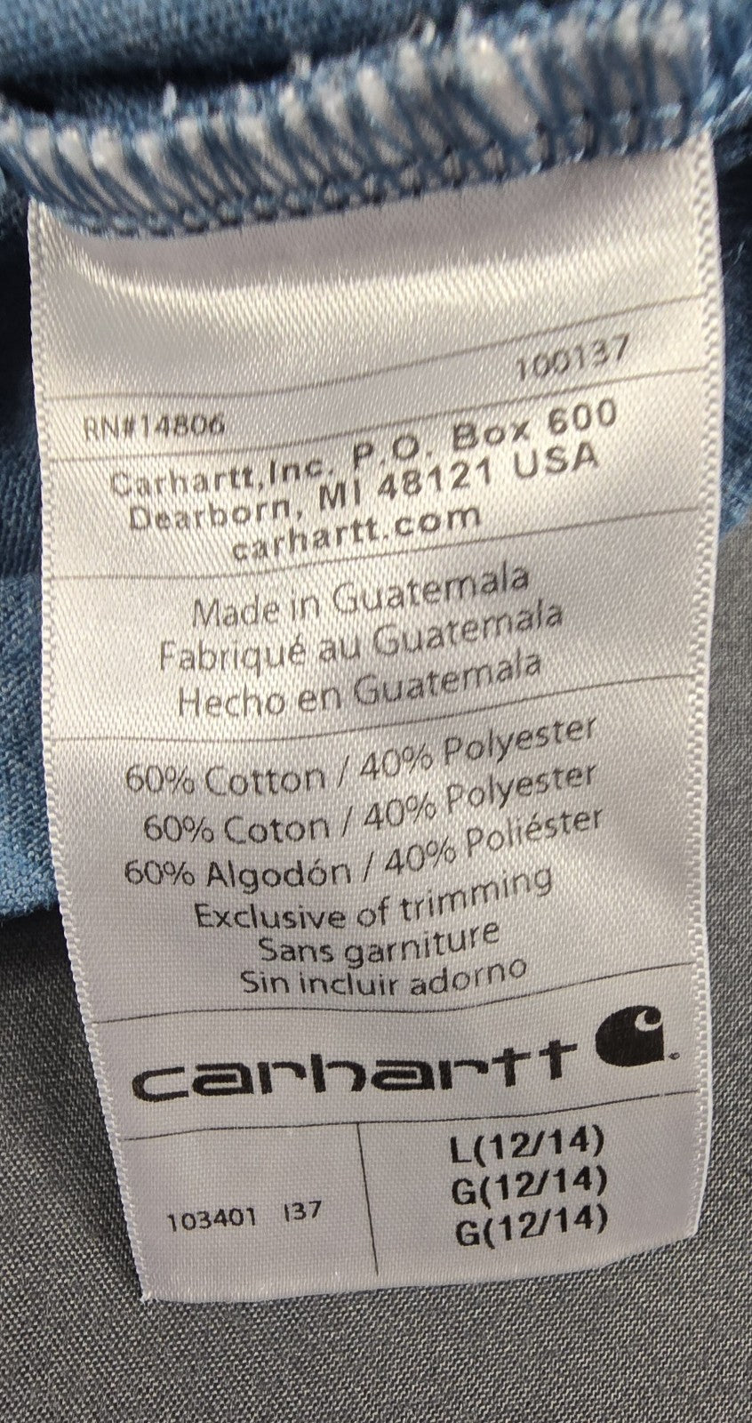 Carhartt Shirt Boys Large (12-16) Washed Blue Logo Long Sleeve Original Fit..