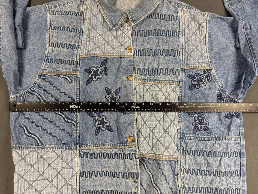 Cherokee Shirt Womens 3X Blue Patchwork Boxy Cut Embroidery Flower Button Up