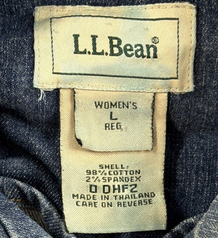 L.L.Bean Trucker Jacket Womens Large Blue Denim Stretch Button Front Long Sleeve