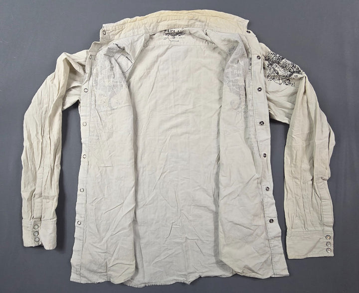 Helix Shirt Mens Large Beige Long Sleeve Cotton Affliction Western Pearl Snap