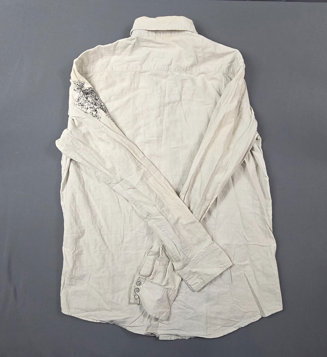 Helix Shirt Mens Large Beige Long Sleeve Cotton Affliction Western Pearl Snap