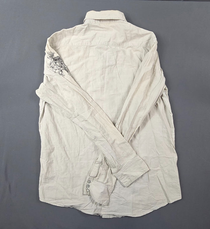 Helix Shirt Mens Large Beige Long Sleeve Cotton Affliction Western Pearl Snap