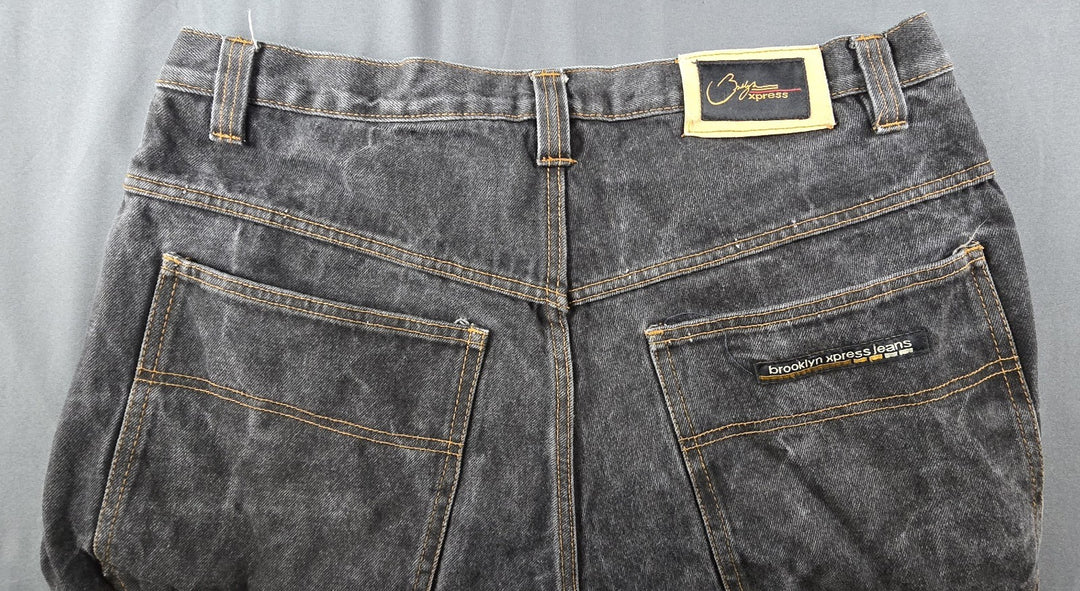 VTG Brooklyn Express Shorts Men 36 Fade Black Dark Wash Baggy Wide Leg Jorts Y2K