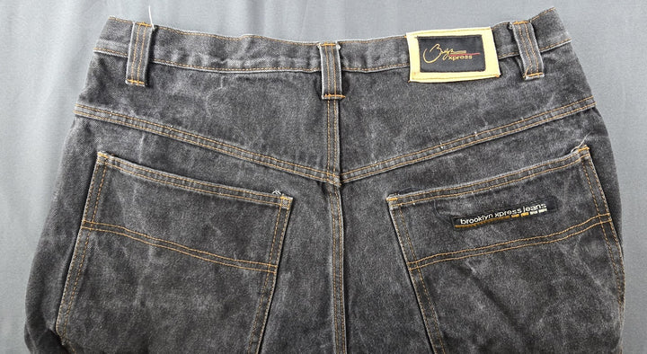 VTG Brooklyn Express Shorts Men 36 Fade Black Dark Wash Baggy Wide Leg Jorts Y2K