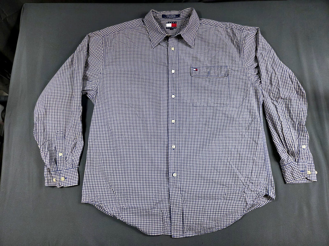 Tommy Hilfiger Mens L Blue Gingham Check Button Down Shirt Long Sleeve Cotton