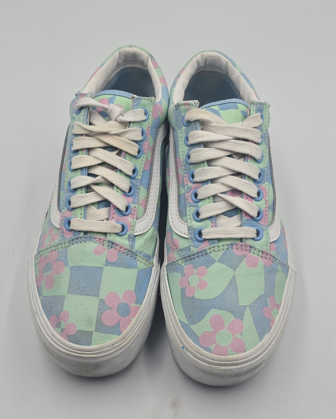 Vans Old Skool Stacked Checkerboard Floral Blue Platform Women&