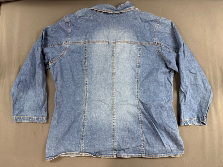 Denim &amp; Co Jacket Womens 1X Blue Colorful Embroidered Utility Button Front