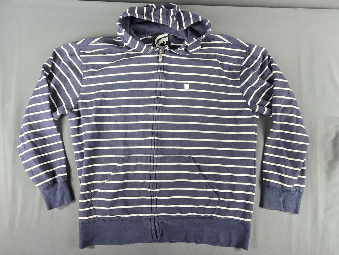 VTG Ecko Unltd Sweater Mens XL Blue Striped Metal Logo Full Zip Fleece Hoodie