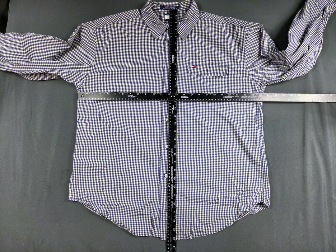 Tommy Hilfiger Mens L Blue Gingham Check Button Down Shirt Long Sleeve Cotton