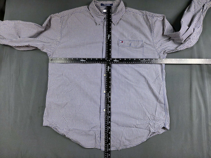 Tommy Hilfiger Mens L Blue Gingham Check Button Down Shirt Long Sleeve Cotton