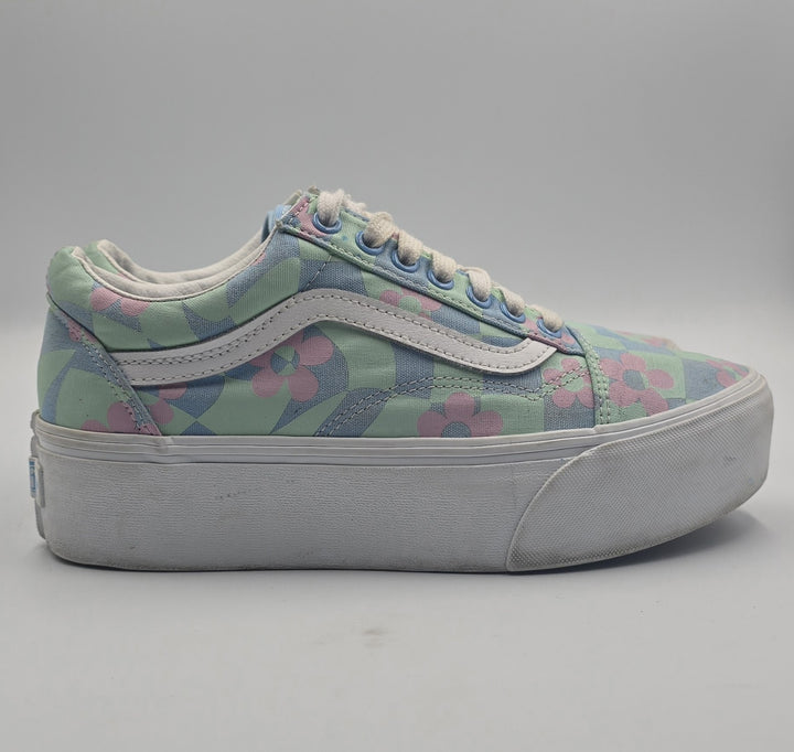 Vans Old Skool Stacked Checkerboard Floral Blue Platform Women&