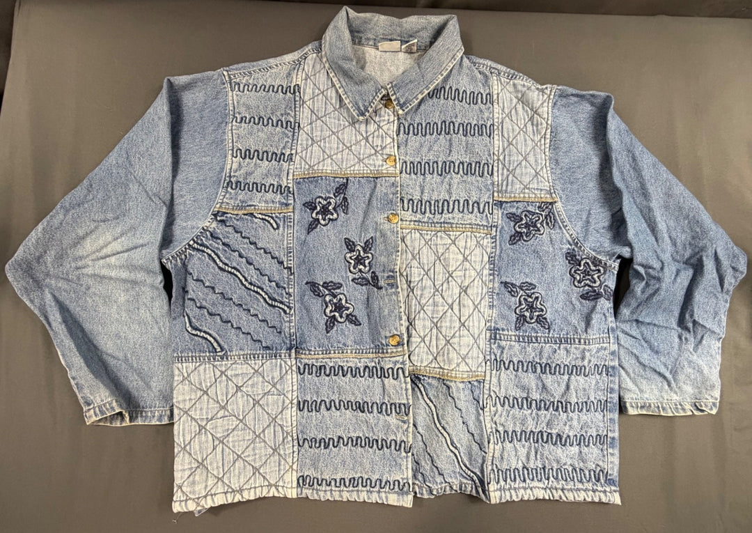 Cherokee Shirt Womens 3X Blue Patchwork Boxy Cut Embroidery Flower Button Up