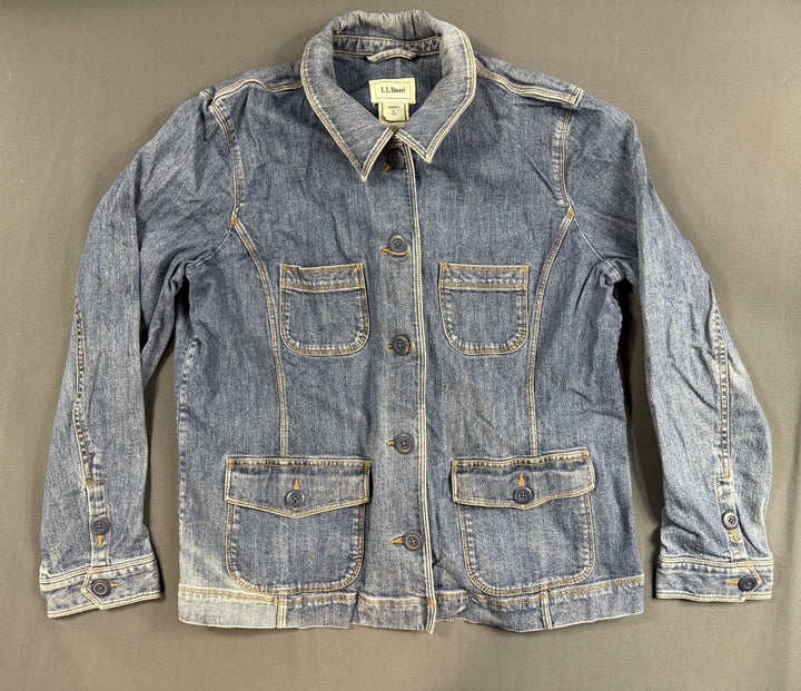 L.L.Bean Trucker Jacket Womens Large Blue Denim Stretch Button Front Long Sleeve