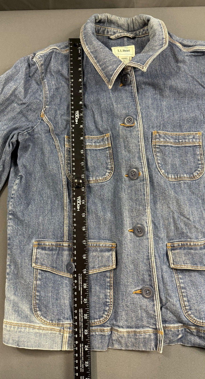 L.L.Bean Trucker Jacket Womens Large Blue Denim Stretch Button Front Long Sleeve