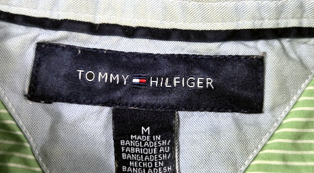 Tommy Hilfiger Mens M Green Stripe Short Sleeve Button Down Shirt Cotton