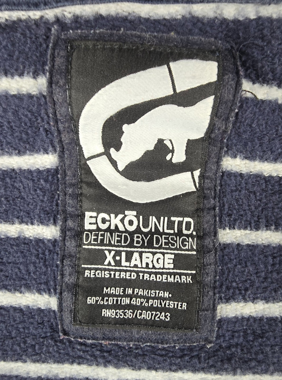 VTG Ecko Unltd Sweater Mens XL Blue Striped Metal Logo Full Zip Fleece Hoodie