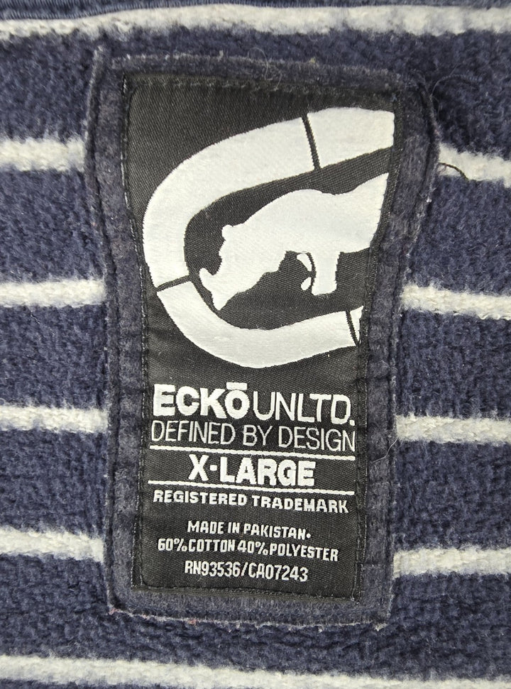 VTG Ecko Unltd Sweater Mens XL Blue Striped Metal Logo Full Zip Fleece Hoodie