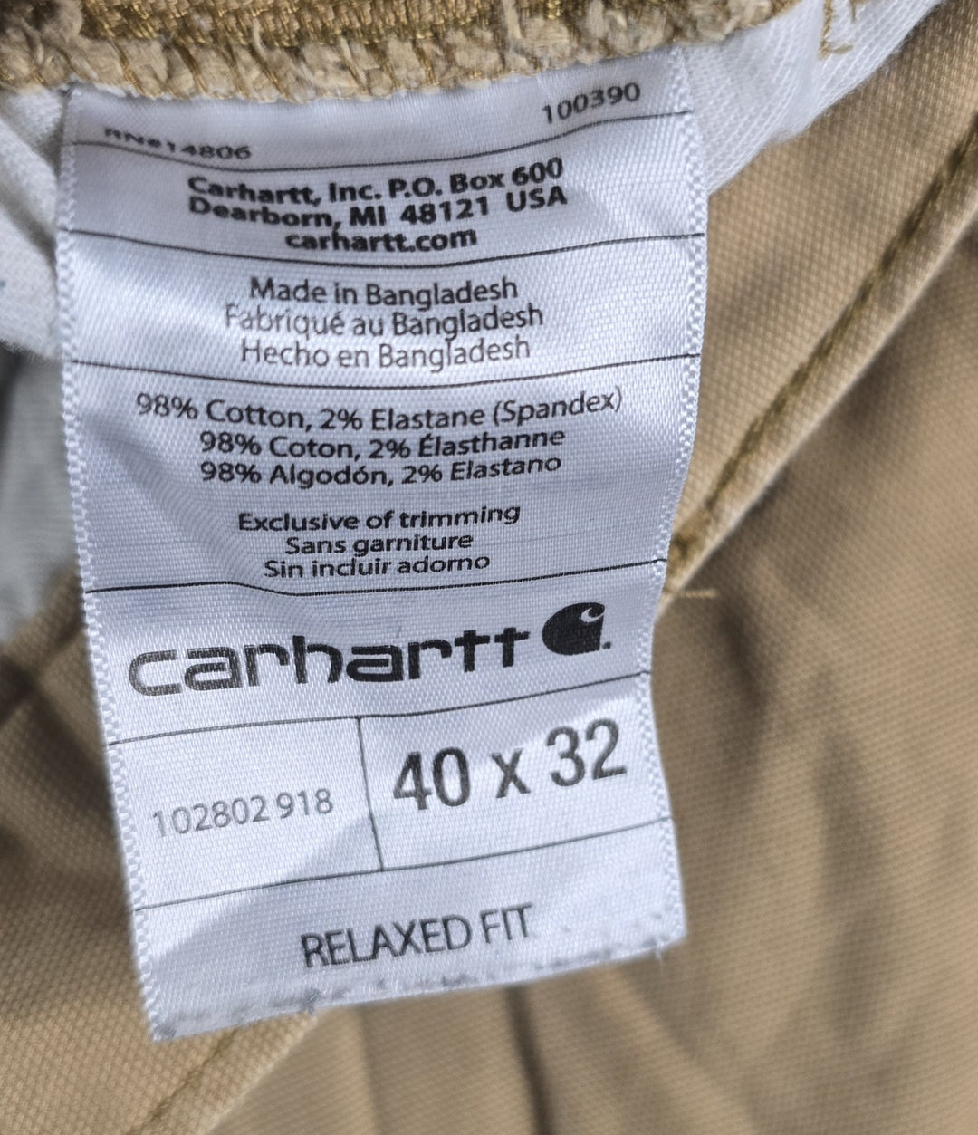 Carhartt Jeans Mens 40x32 Beige Tan Double Knee Straight Leg Relaxe Fit Workwear