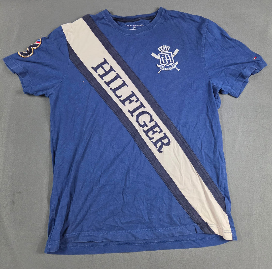 Tommy Hilfiger T-Shirt Mens Large Blue White New York City Crest Logo CoTommtton