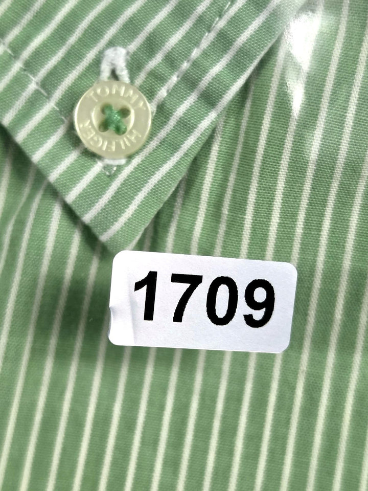 Tommy Hilfiger Mens M Green Stripe Short Sleeve Button Down Shirt Cotton