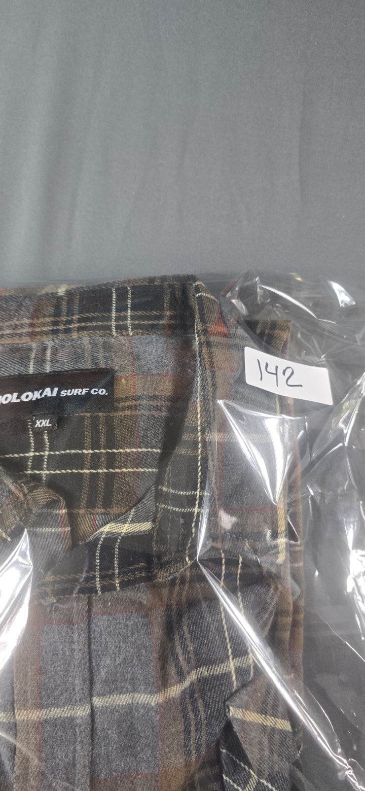 Molokai Surf Co. Flannel Shirt Mens 2XL Brown Gray Plaid Button Down Long Sleeve