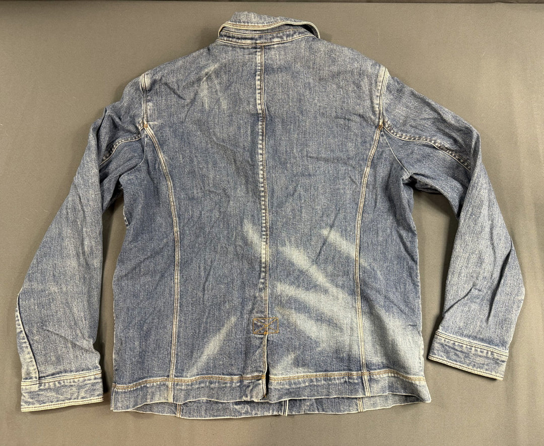 L.L.Bean Trucker Jacket Womens Large Blue Denim Stretch Button Front Long Sleeve