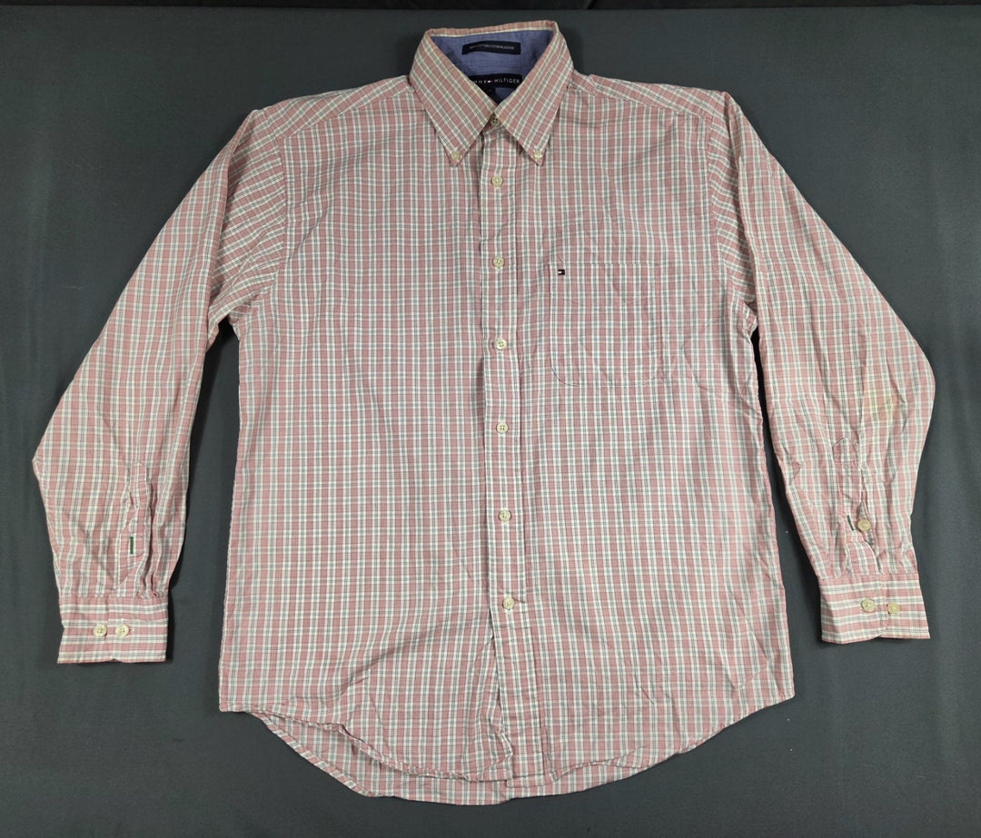 Tommy Hilfiger Mens M Red White Check Long Sleeve Button Down Shirt Cotton