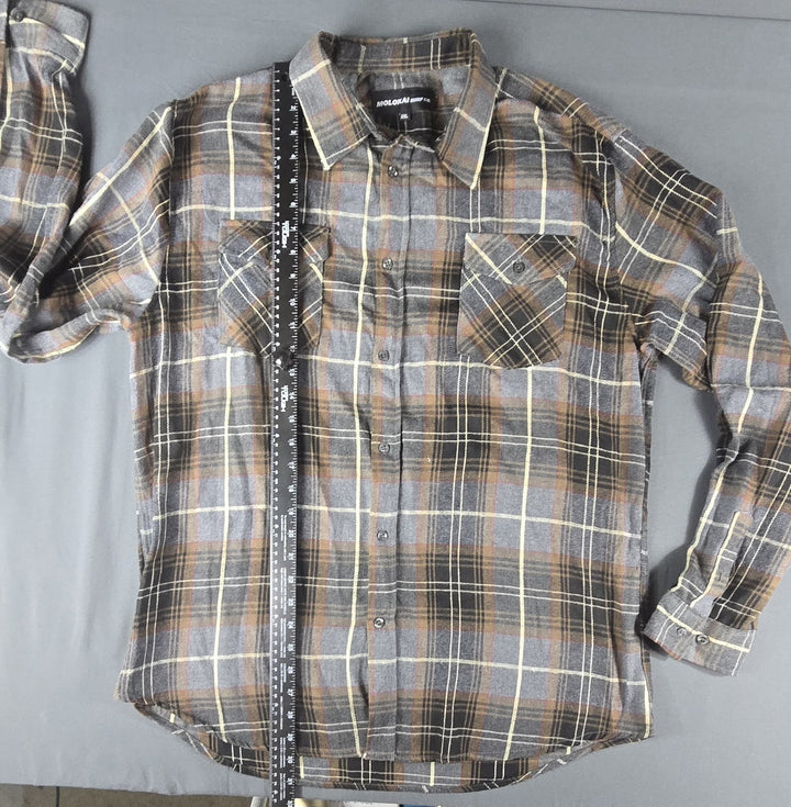 Molokai Surf Co. Flannel Shirt Mens 2XL Brown Gray Plaid Button Down Long Sleeve
