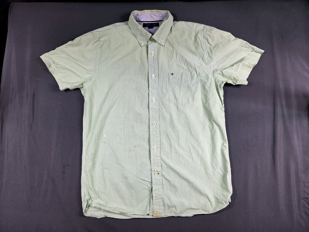 Tommy Hilfiger Mens M Green Stripe Short Sleeve Button Down Shirt Cotton