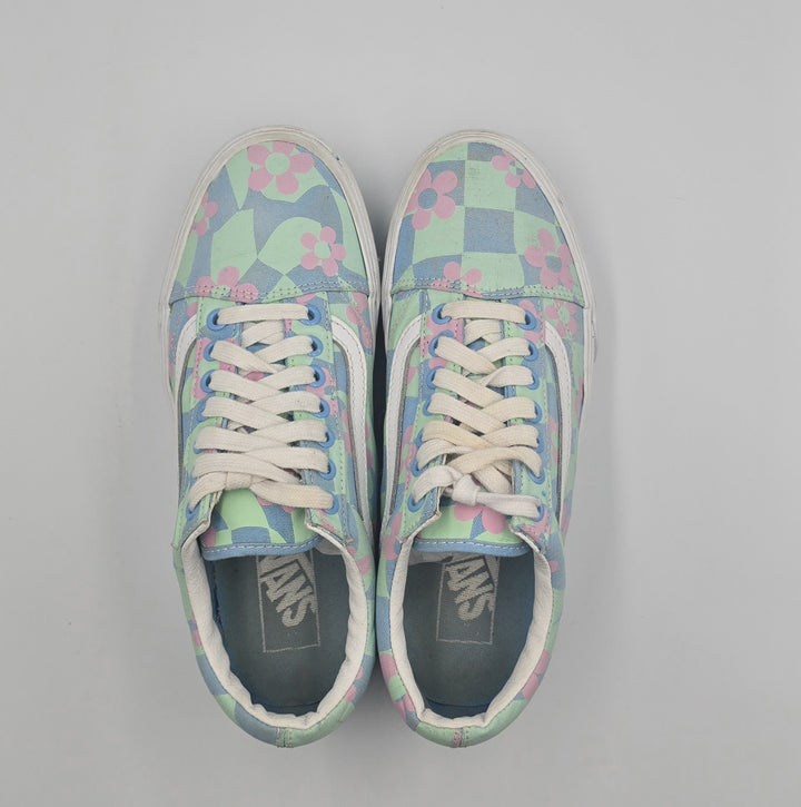Vans Old Skool Stacked Checkerboard Floral Blue Platform Women&