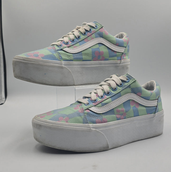 Vans Old Skool Stacked Checkerboard Floral Blue Platform Women&
