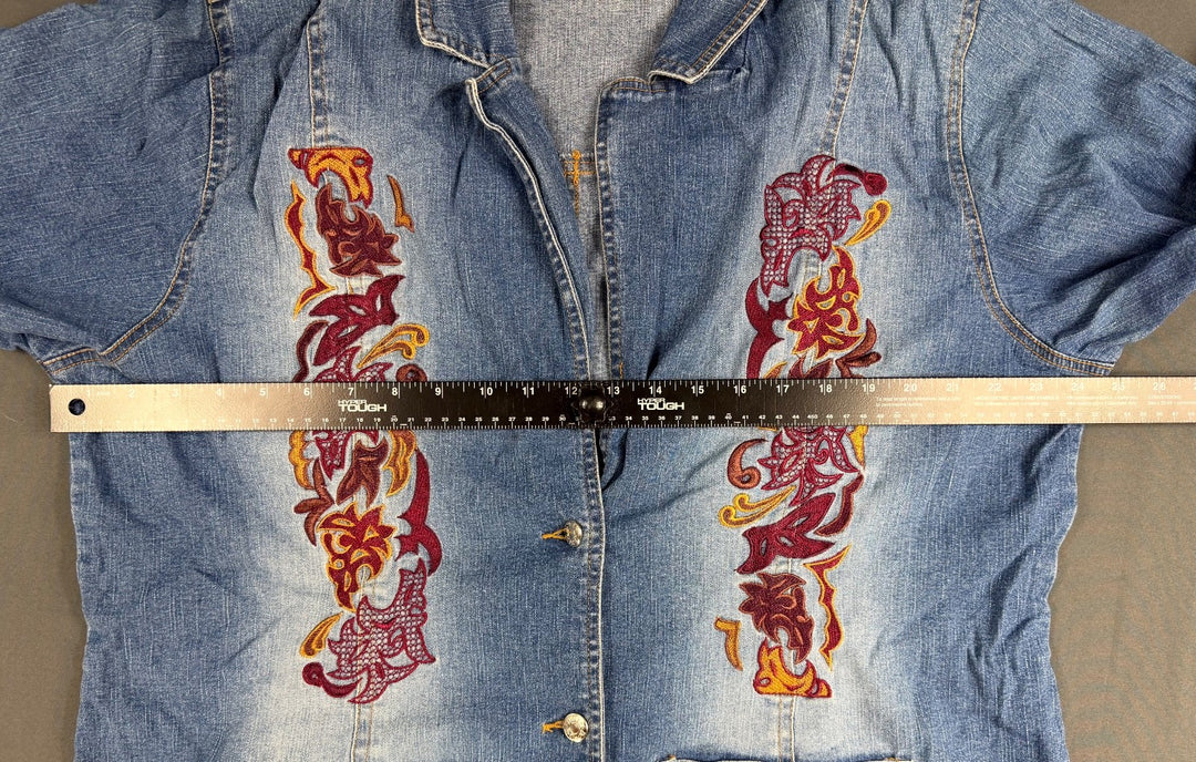 Denim &amp; Co Jacket Womens 1X Blue Colorful Embroidered Utility Button Front