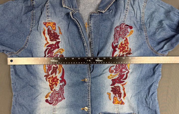 Denim &amp; Co Jacket Womens 1X Blue Colorful Embroidered Utility Button Front